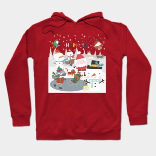 Fun greeting card with Santa and friends having a Christmas party outside Hoodie
